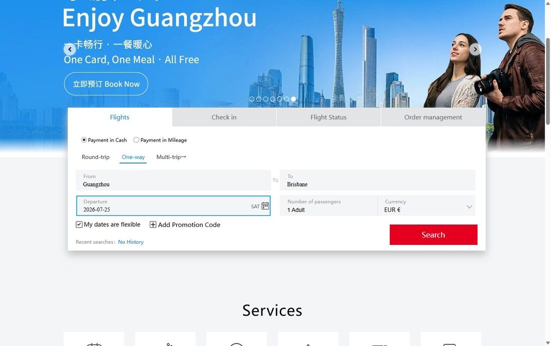 Поиск на csair.com: маршрут (напр. Гуанчжоу CAN — Брисбен BNE), «One-way», дата, пассажиры; валюта EUR на международной версии