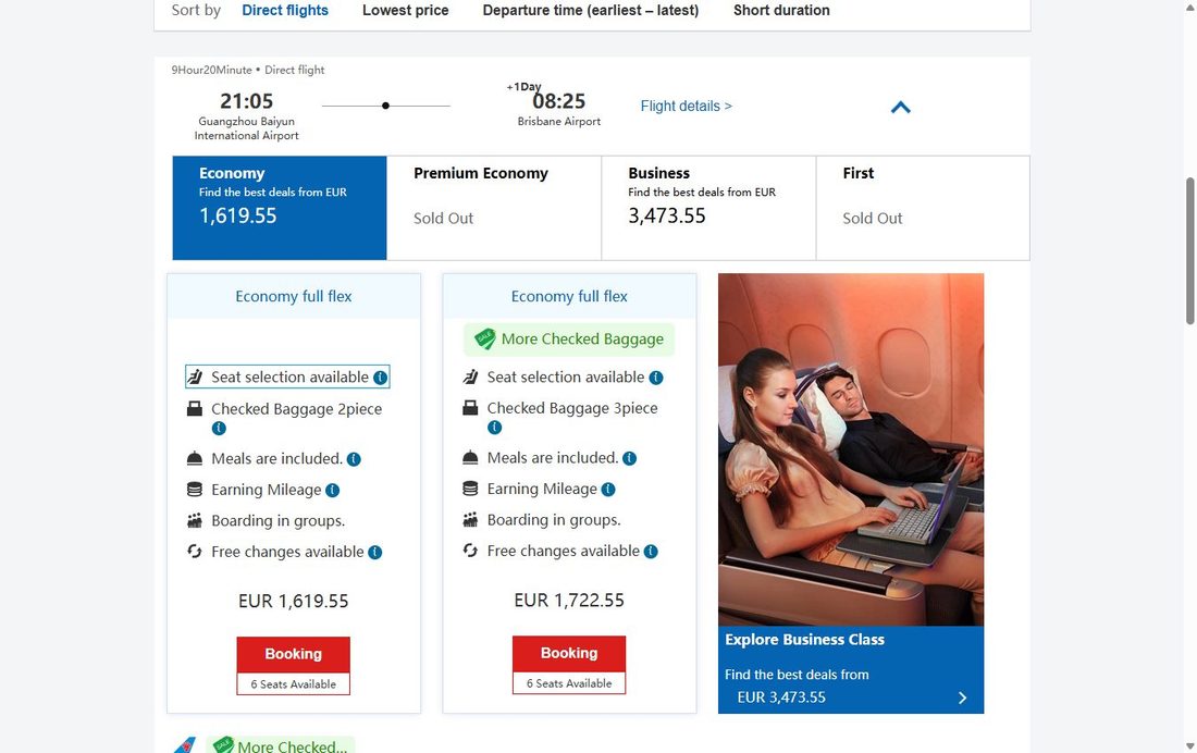 Выбор класса и тарифа: Economy / Premium Economy / Business / First; тариф Economy full flex — багаж 2 места, питание, выбор места и бесплатные изменения