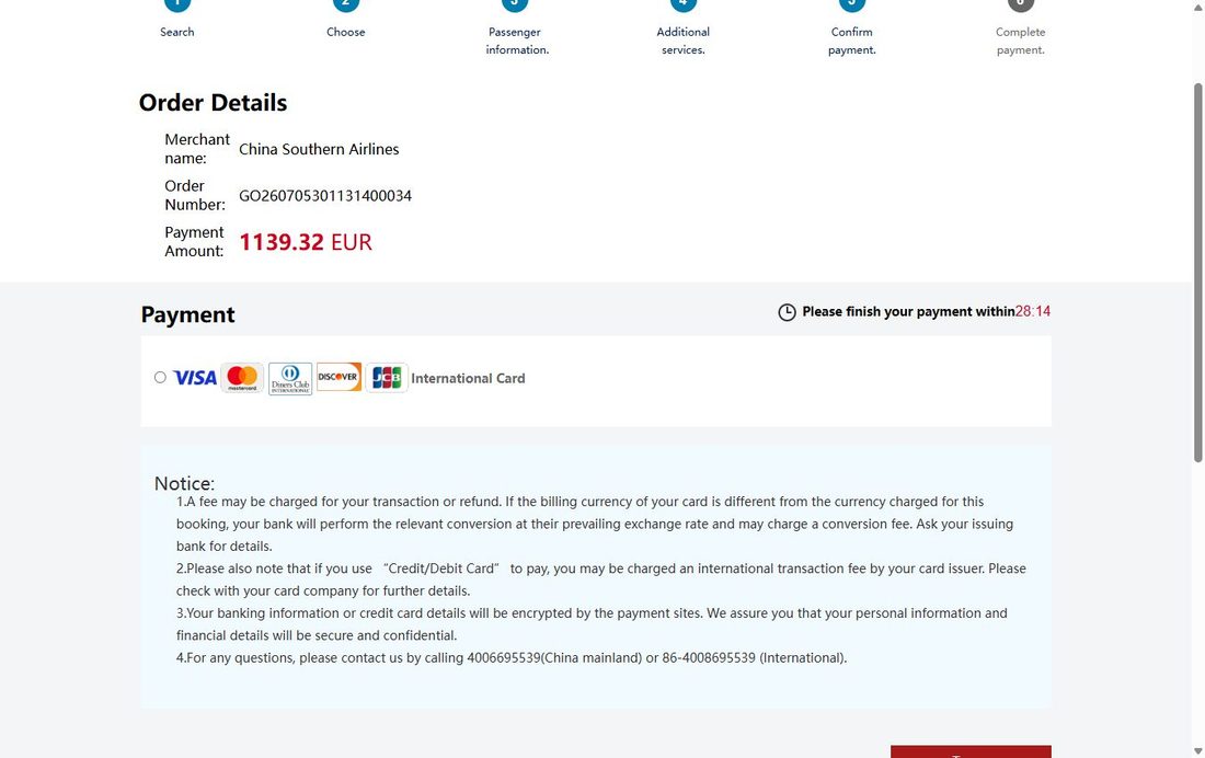 Экран оплаты (шаг 6/6, платёжный шлюз uppos.csair.com): Order Details с номером заказа и суммой (в нашем прогоне 1139.32 EUR), выбор способа — International Card (Visa, Mastercard, Diners Club, Discover, JCB); карты «Мир» не принимаются, есть таймер на завершение оплаты